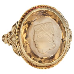 Vintage Art Deco Intaglio Ring Smoky Quartz Bust 14k Yellow Gold Oval Jewelry 