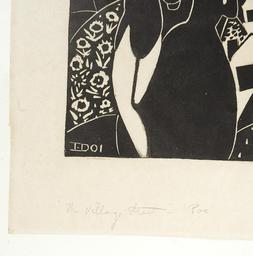 Vintage CIRCA 1920's Holzschnitt auf dünnem cremefarbenem Papier von Isami Doi (1903-1965) Hawaii, der ein Paar in einem Dorf zeigt.  Signiert in der Platte, betitelt The Village Street - Poe in Bleistift am linken unteren Rand.  Ungerahmt, leichte
