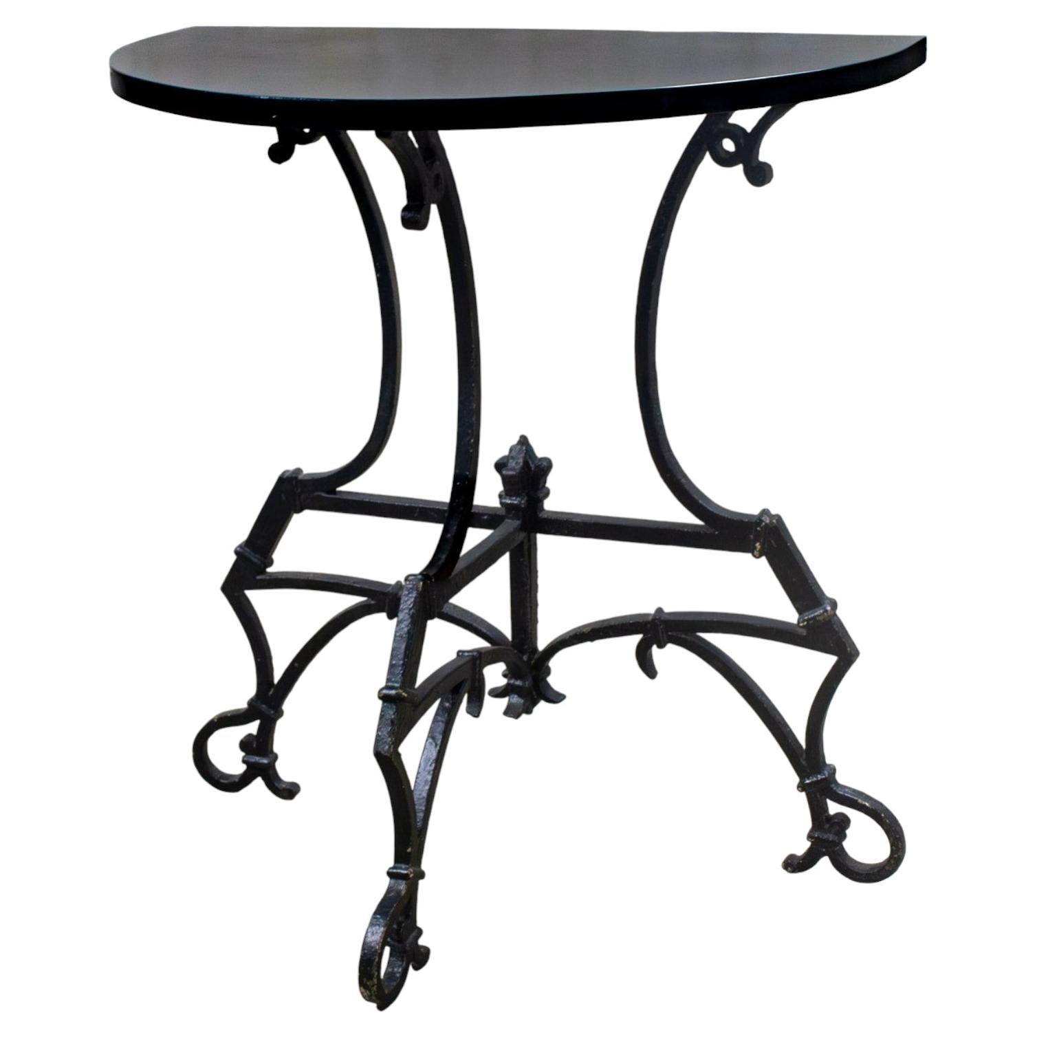 Vintage Art Deco Italianate Demilune Table Black Painted Hand Wrought Iron Base