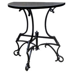 Vintage Art Deco Italianate Demilune Table Black Painted Hand Wrought Iron Base