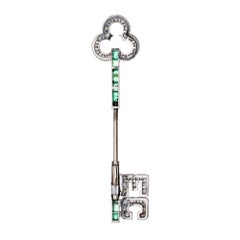 Vintage Art Deco Jabot Pin Platinum Diamond Emerald Initials EC Brooch Jewelry