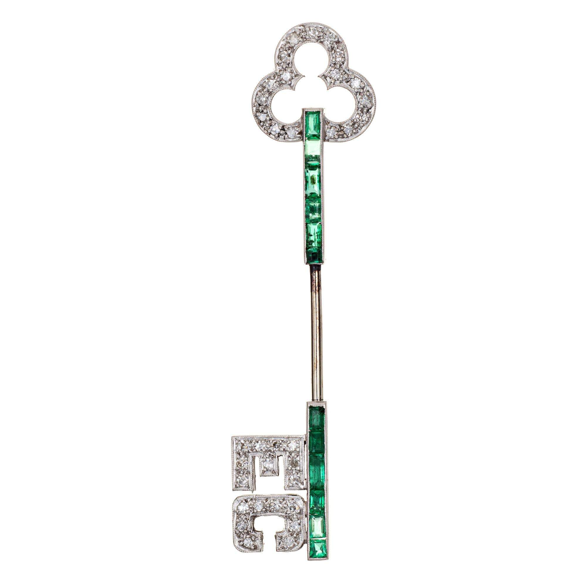 Vintage Art Deco Jabot Pin Platin Diamant Smaragd Initials EC Brosche Schmuck (Art déco)