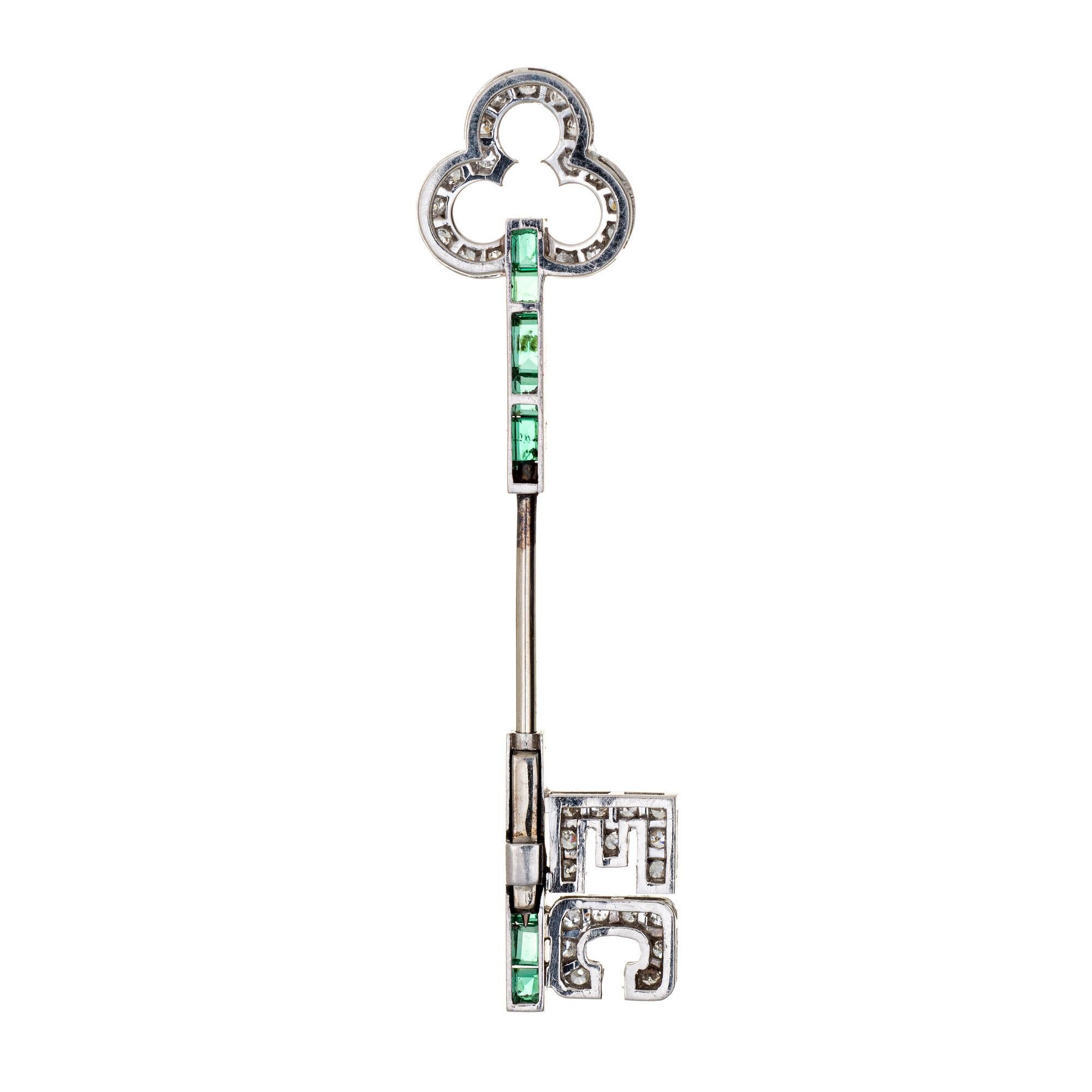 Vintage Art Deco Jabot Pin Platin Diamant Smaragd Initials EC Brosche Schmuck (Rundschliff)