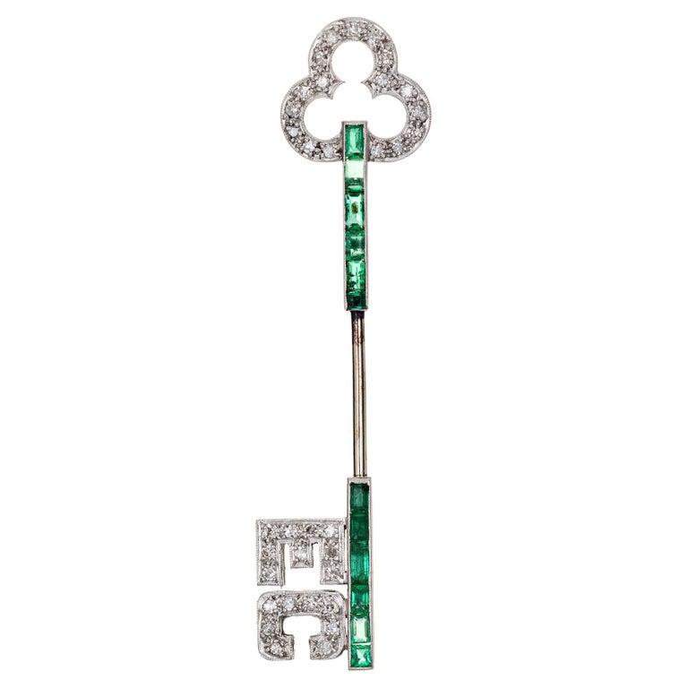 Vintage Art Deco Jabot Pin Platinum Diamond Emerald Initials EC Brooch