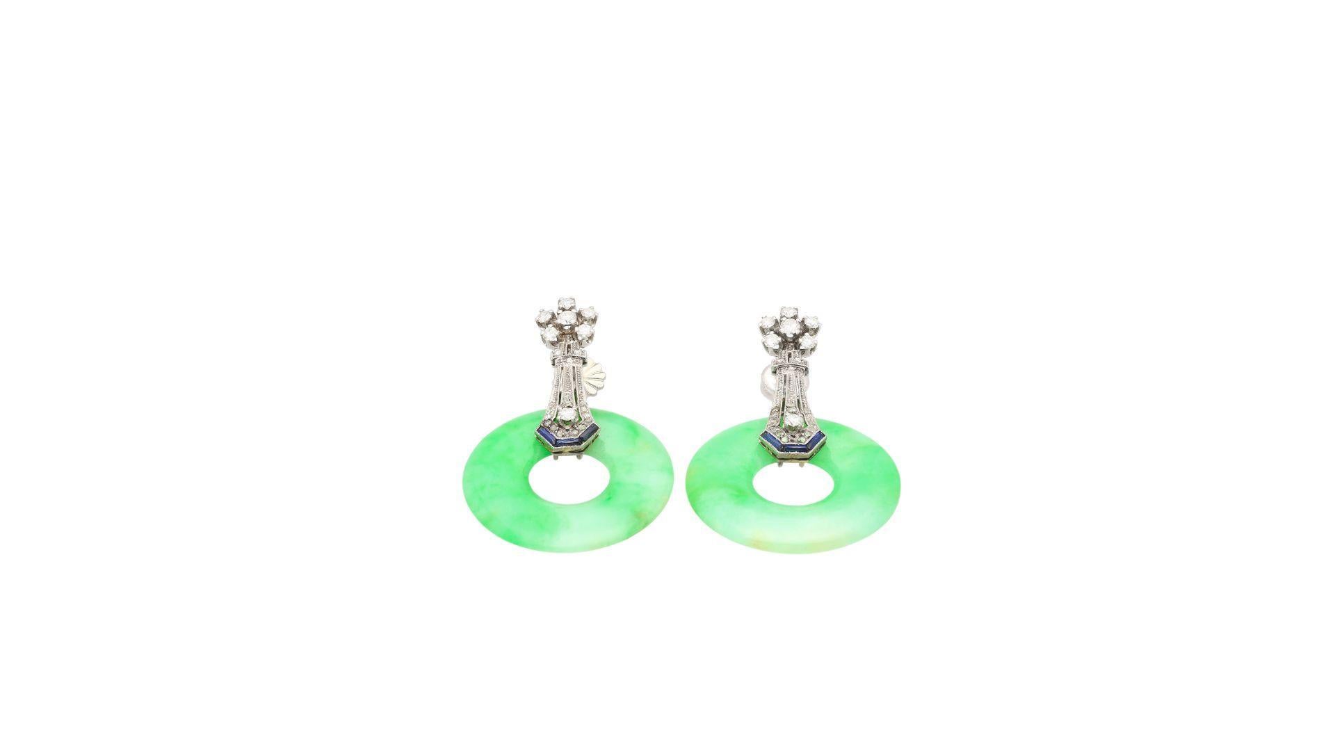 Round Cut Vintage Art Deco Jadeite Jade, Diamond & Sapphire Drop Earrings in 14K For Sale