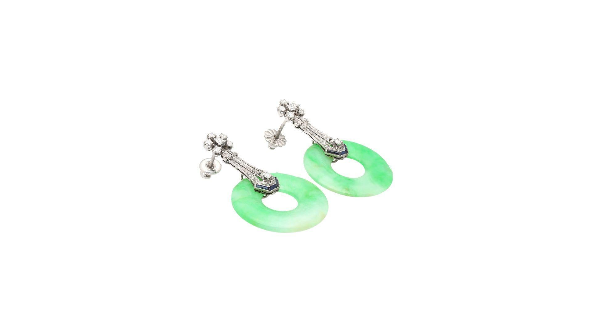 Women's Vintage Art Deco Jadeite Jade, Diamond & Sapphire Drop Earrings in 14K For Sale