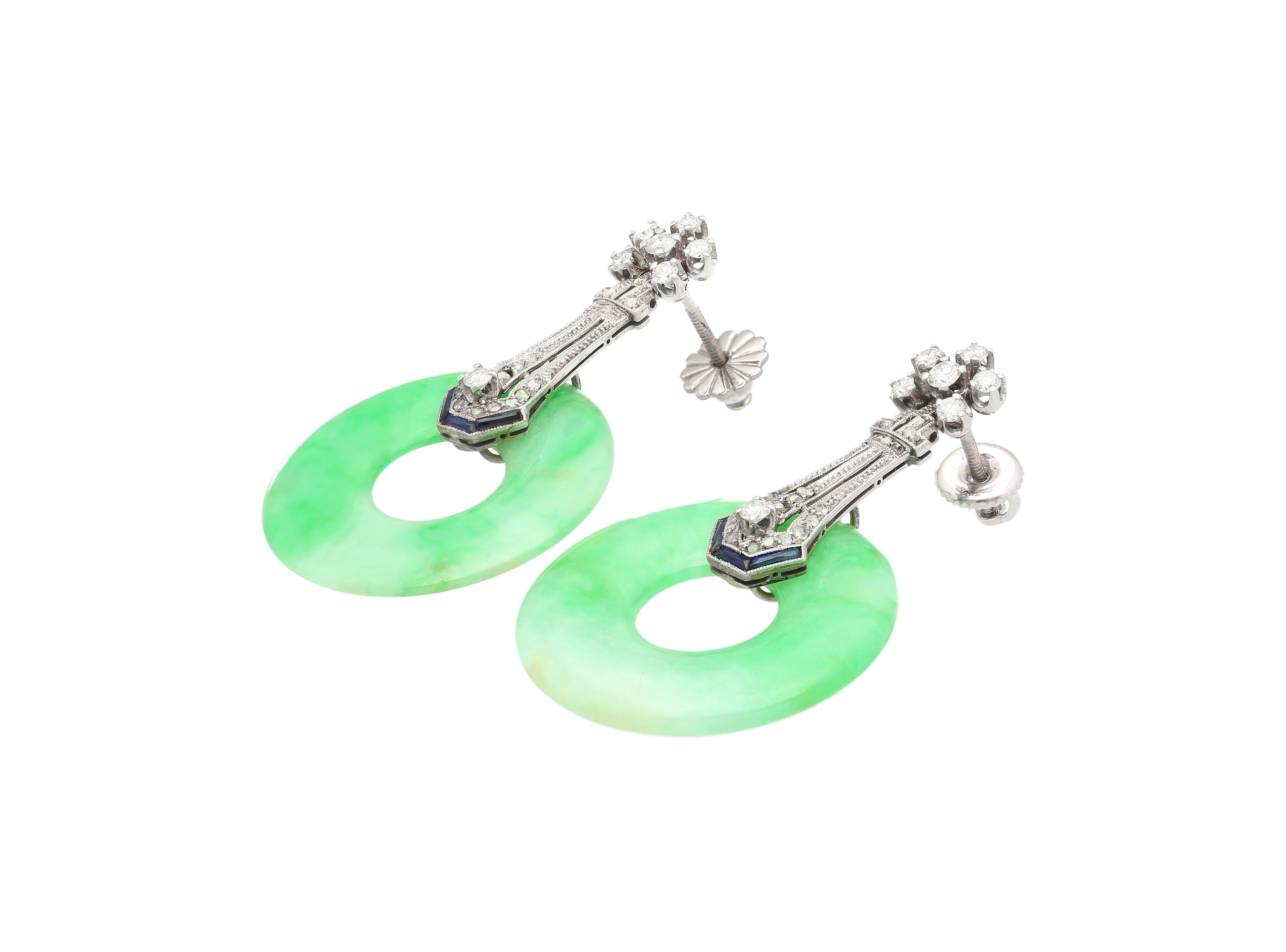 Vintage Art Deco Jadeite Jade, Diamond & Sapphire Drop Earrings in 14K For Sale 1