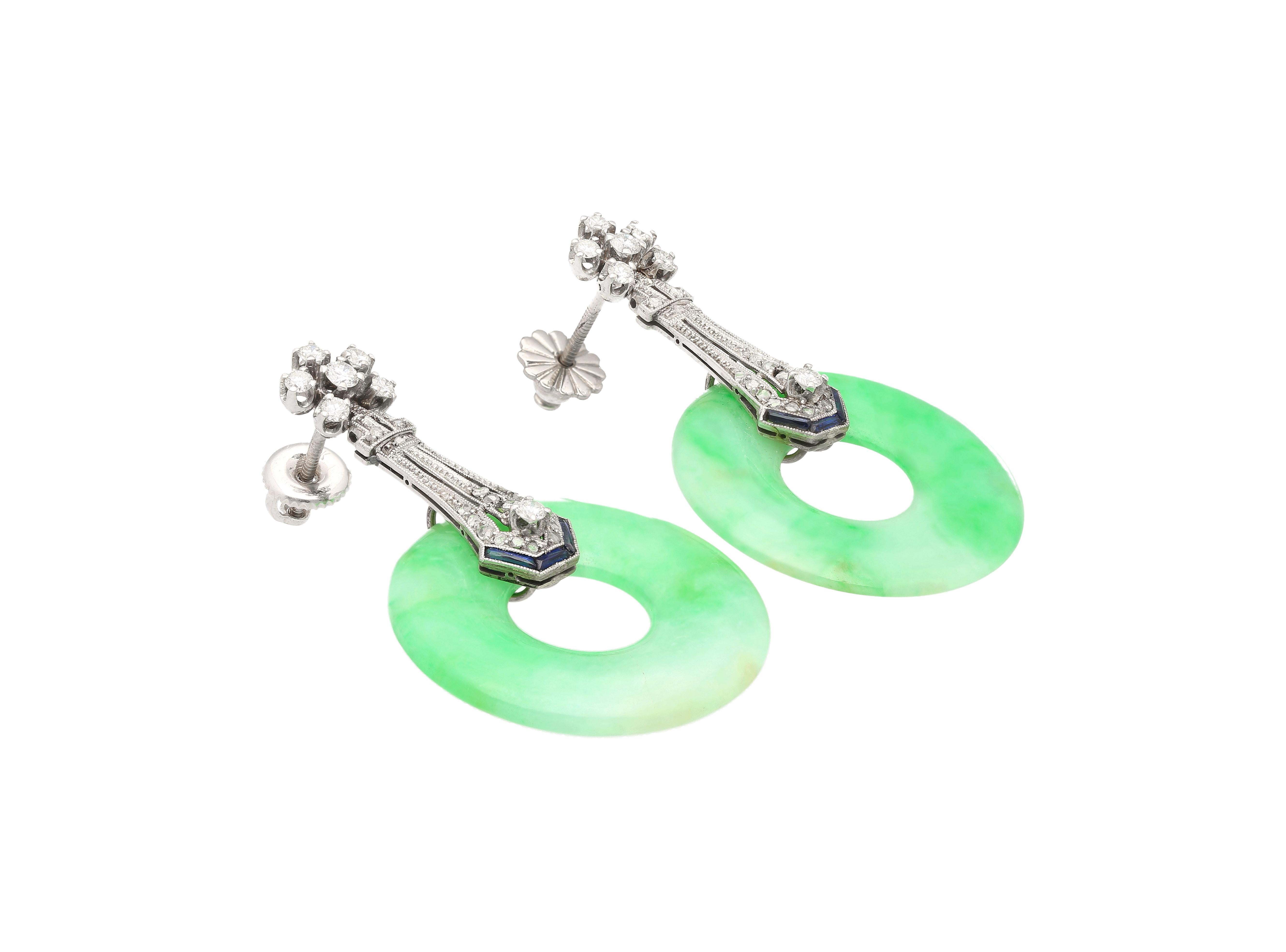 Vintage Art Deco Jadeite Jade, Diamond & Sapphire Drop Earrings in 14K For Sale 2