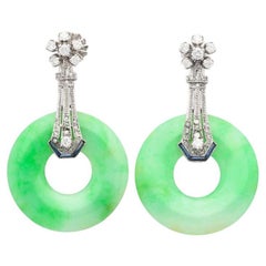 Vintage Art Deco Jadeite Jade, Diamond & Sapphire Drop Earrings in 14K