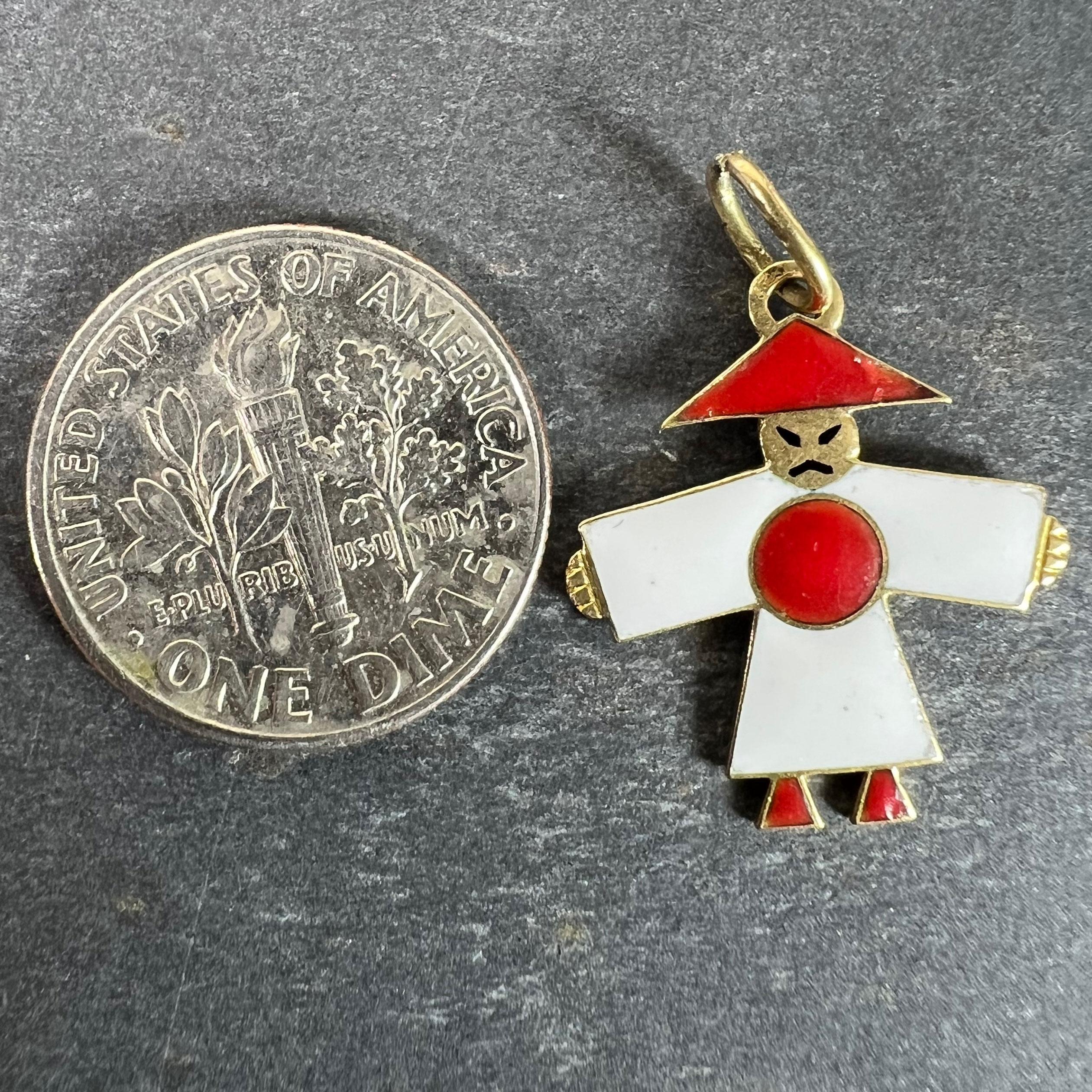 Vintage Art Deco Japan Flag Kimono Figure Enamel 18K Yellow Gold Charm Pendant For Sale 6