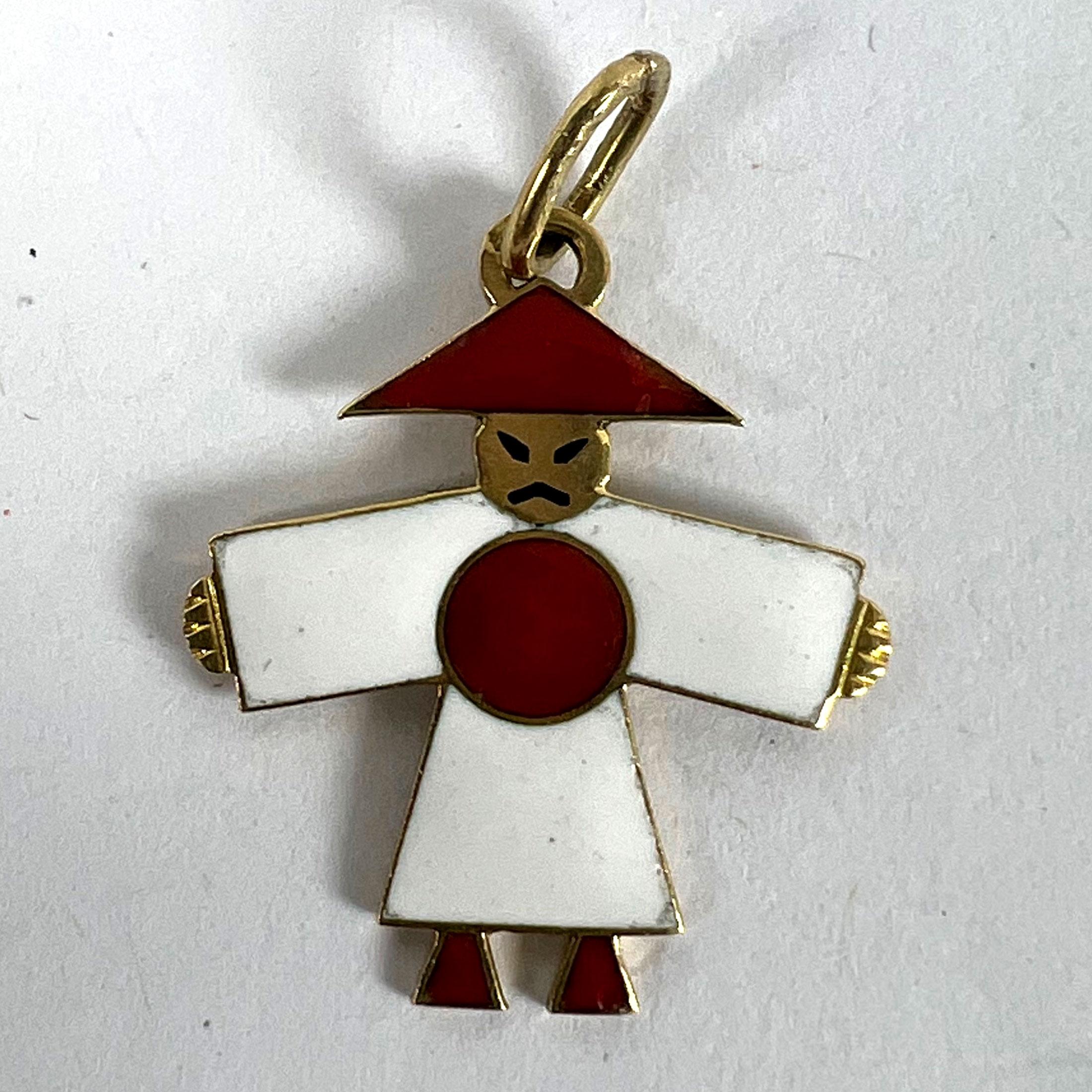 Vintage Art Deco Japan Flag Kimono Figure Enamel 18K Yellow Gold Charm Pendant For Sale 7