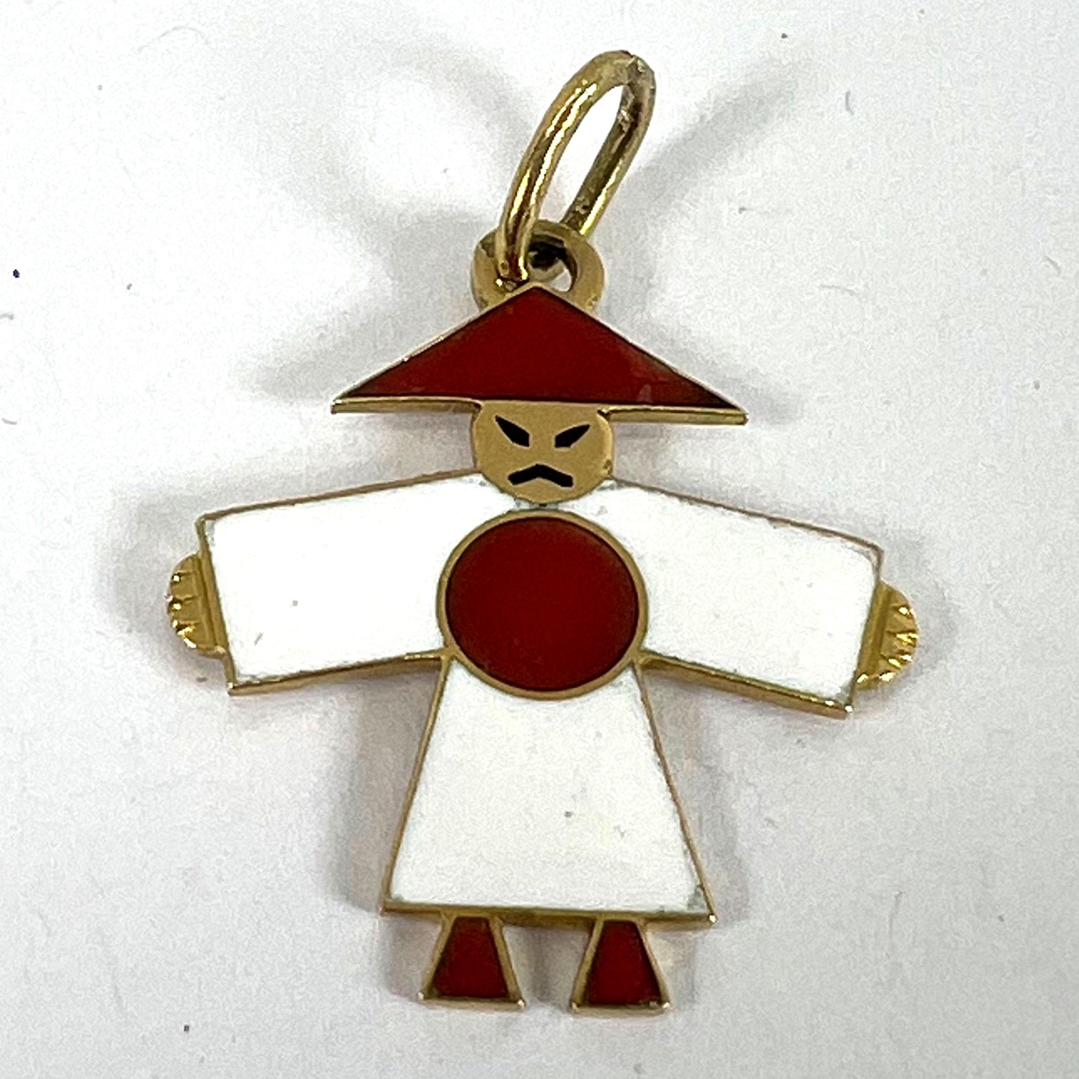Vintage Art Deco Japan Flag Kimono Figure Enamel 18K Yellow Gold Charm Pendant For Sale 8