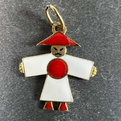 Vintage Art Deco Japan Flag Kimono Figure Enamel 18K Yellow Gold Charm Pendant