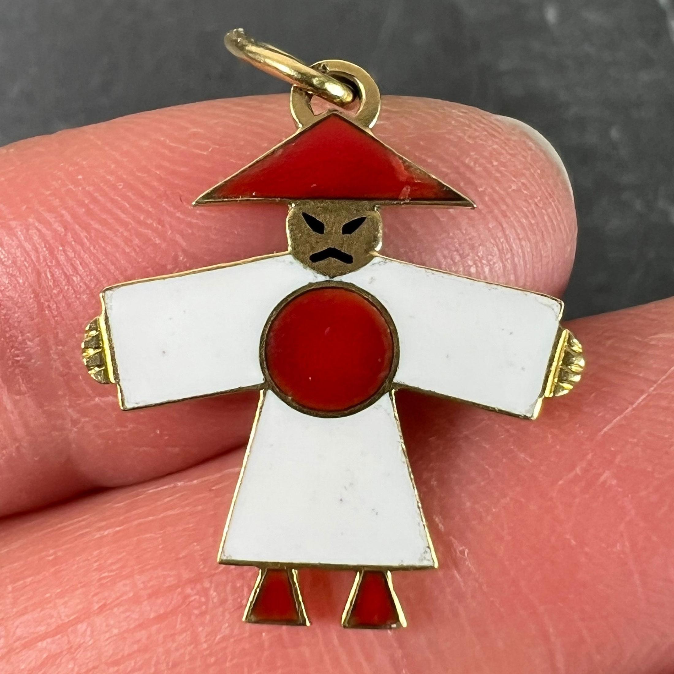 Vintage Art Deco Japan Flag Kimono Figure Enamel 18K Yellow Gold Charm Pendant For Sale 1