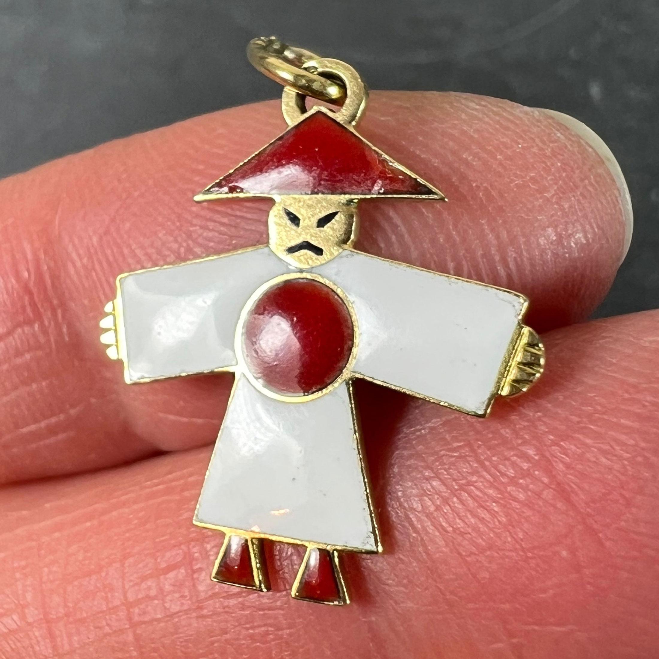 Vintage Art Deco Japan Flag Kimono Figure Enamel 18K Yellow Gold Charm Pendant For Sale 2