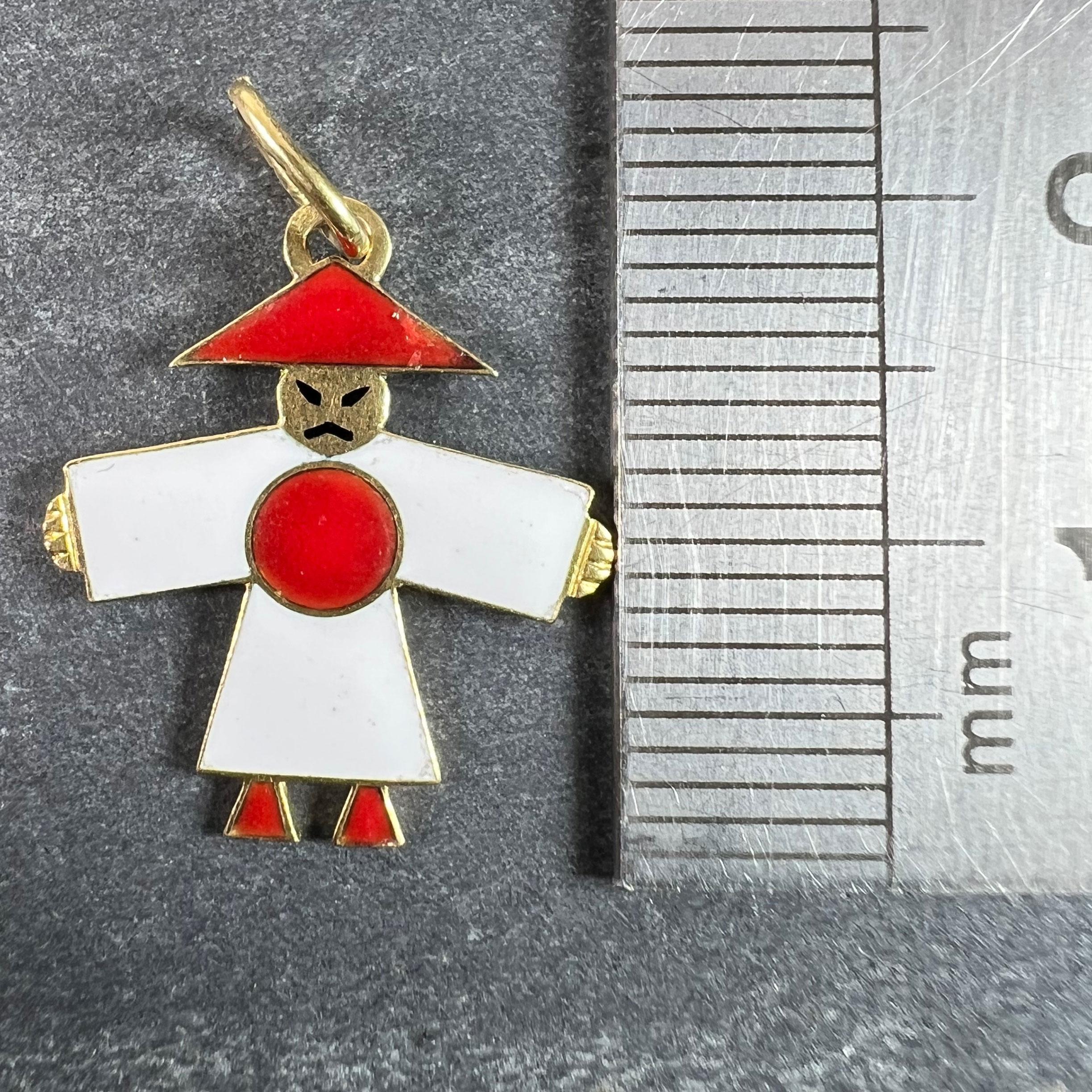 Vintage Art Deco Japan Flag Kimono Figure Enamel 18K Yellow Gold Charm Pendant For Sale 5