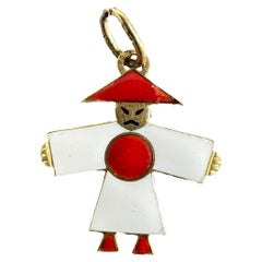 Vintage Art Deco Japan Flag Kimono Figure Enamel 18K Yellow Gold Charm Pendant