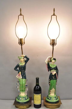 Vintage Art Deco Japanese Figural Green Porcelain Man & Women Table Lamps - Pair