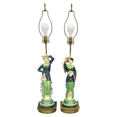 Lampes de table vintage Art Deco japonaise figurative homme et femme en porcelaine Greene Green - Paire