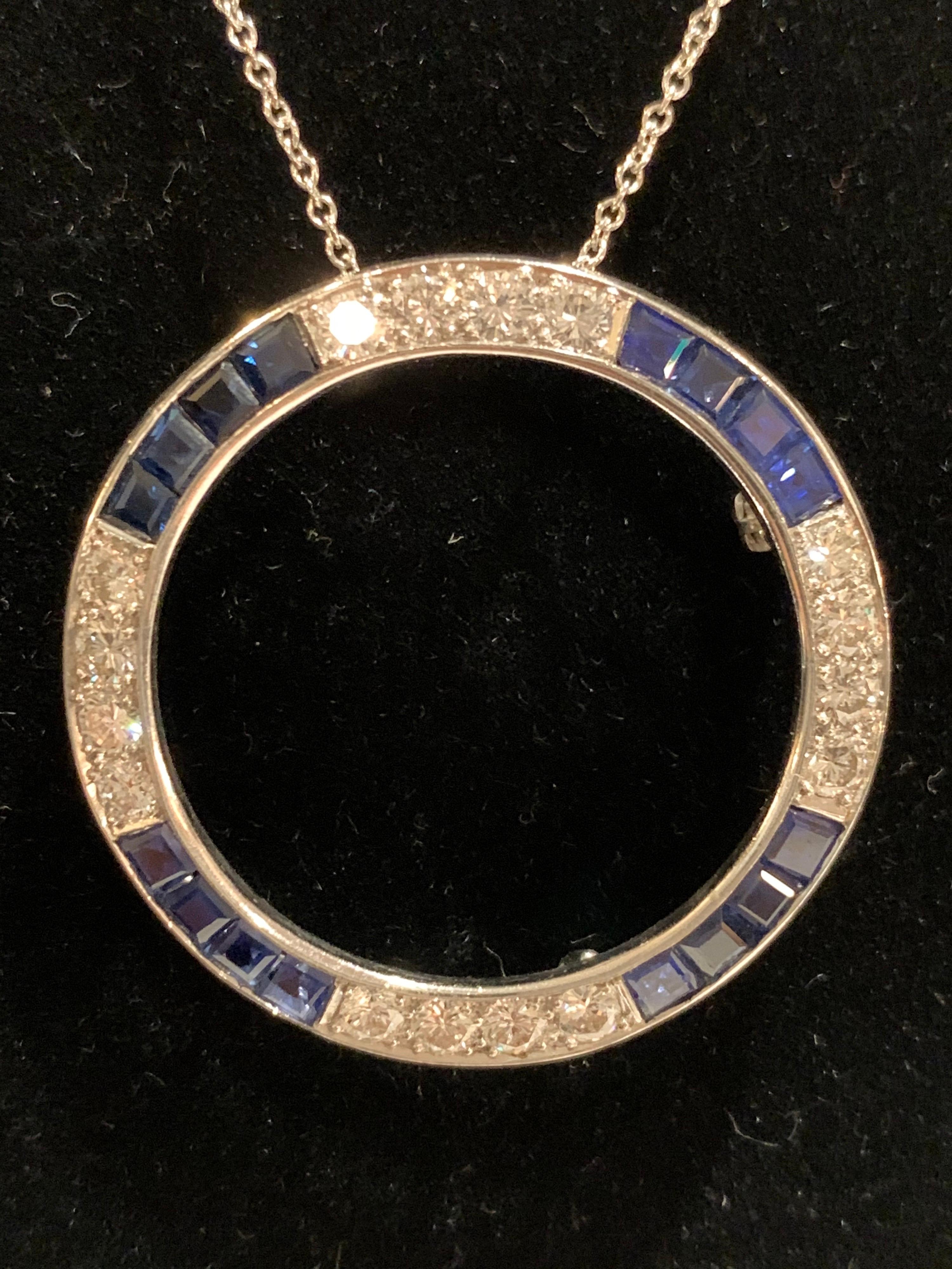 Vintage Art Deco JE Caldwell Platinum Pin or Pendant with Diamonds and Sapphires 1