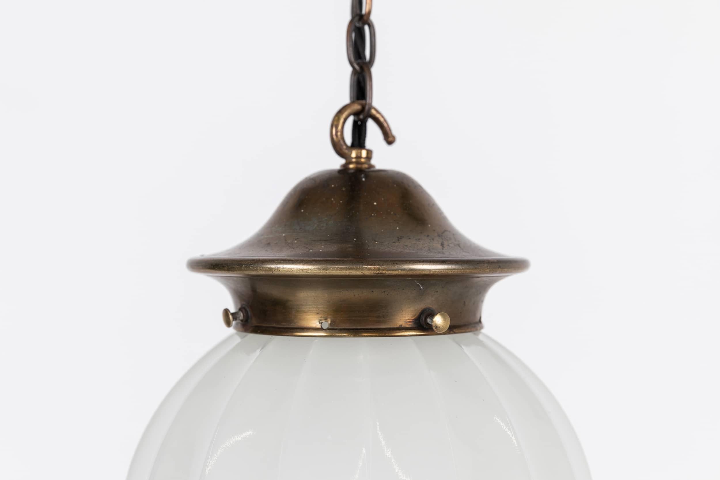 English Vintage Art Deco Jefferson Globe Ribbed Opaline Glass Pendant Light, C.1930