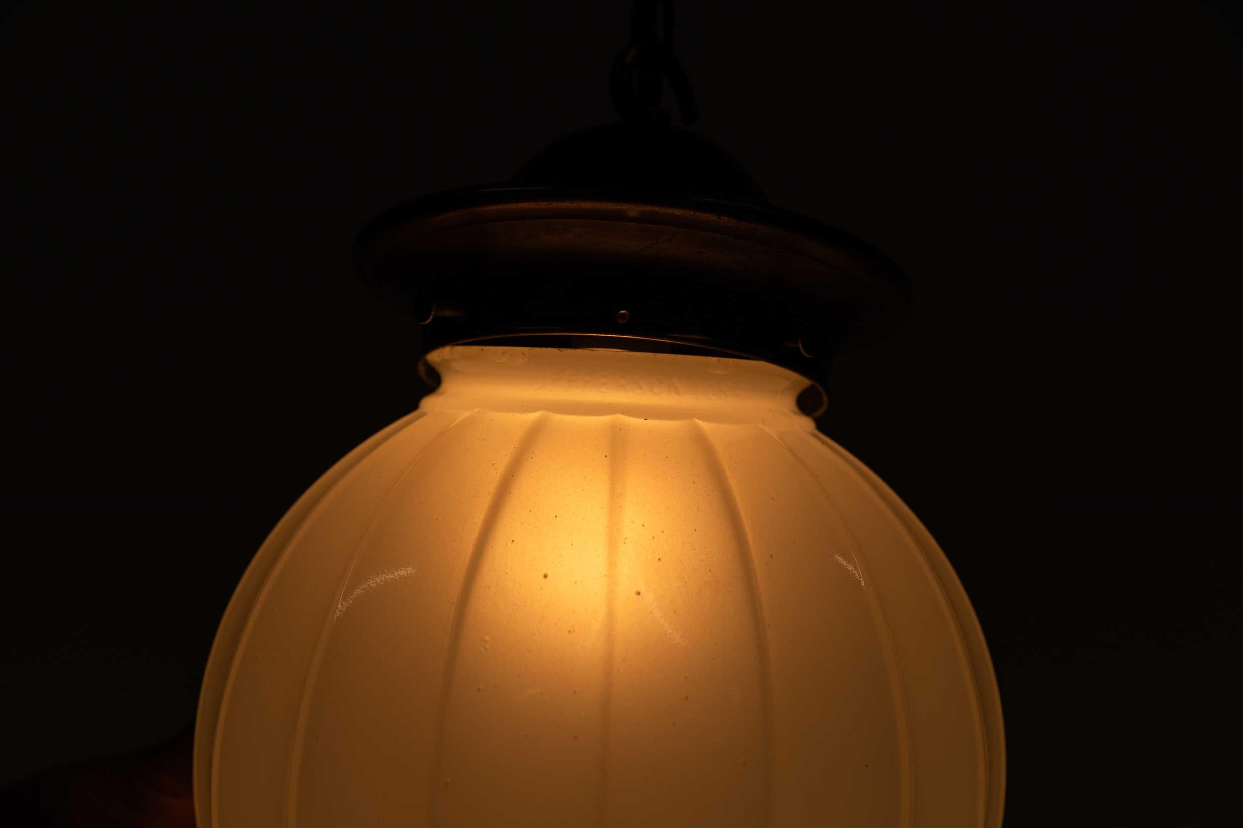 Brass Vintage Art Deco Jefferson Globe Ribbed Opaline Glass Pendant Light, C.1930