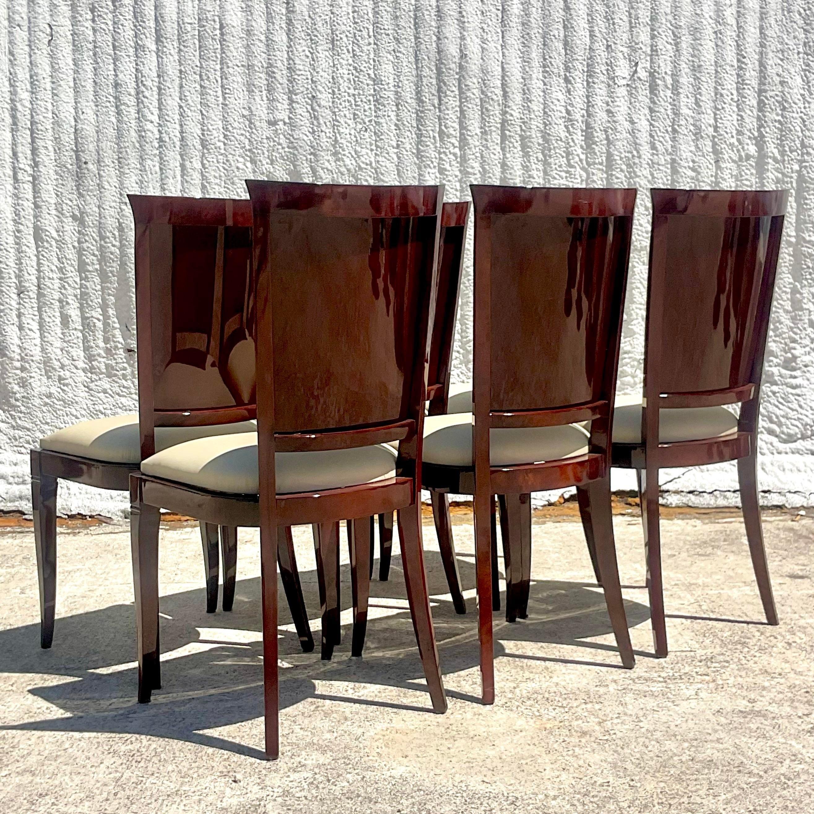 Vintage Art Deco Lacquered Burl Wood and Leather Dining Chairs, Set of 6 In Good Condition In west palm beach, FL