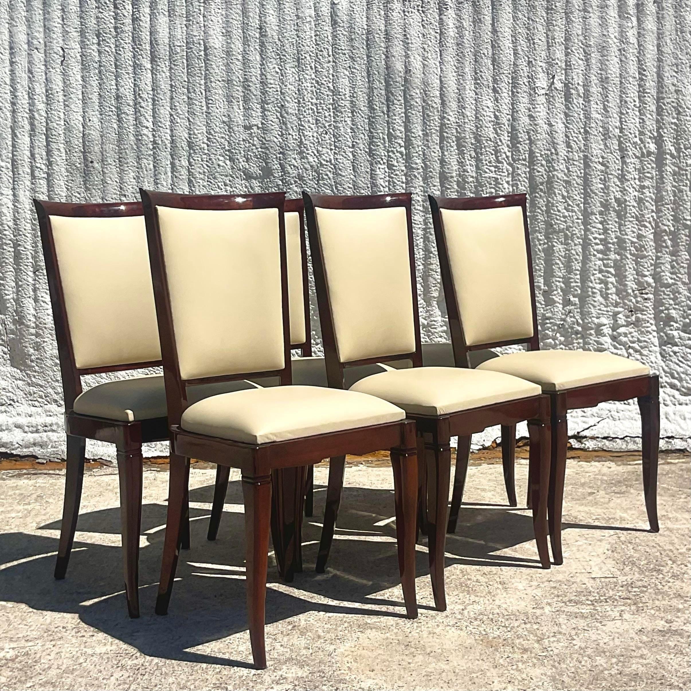 20th Century Vintage Art Deco Lacquered Burl Wood and Leather Dining Chairs, Set of 6
