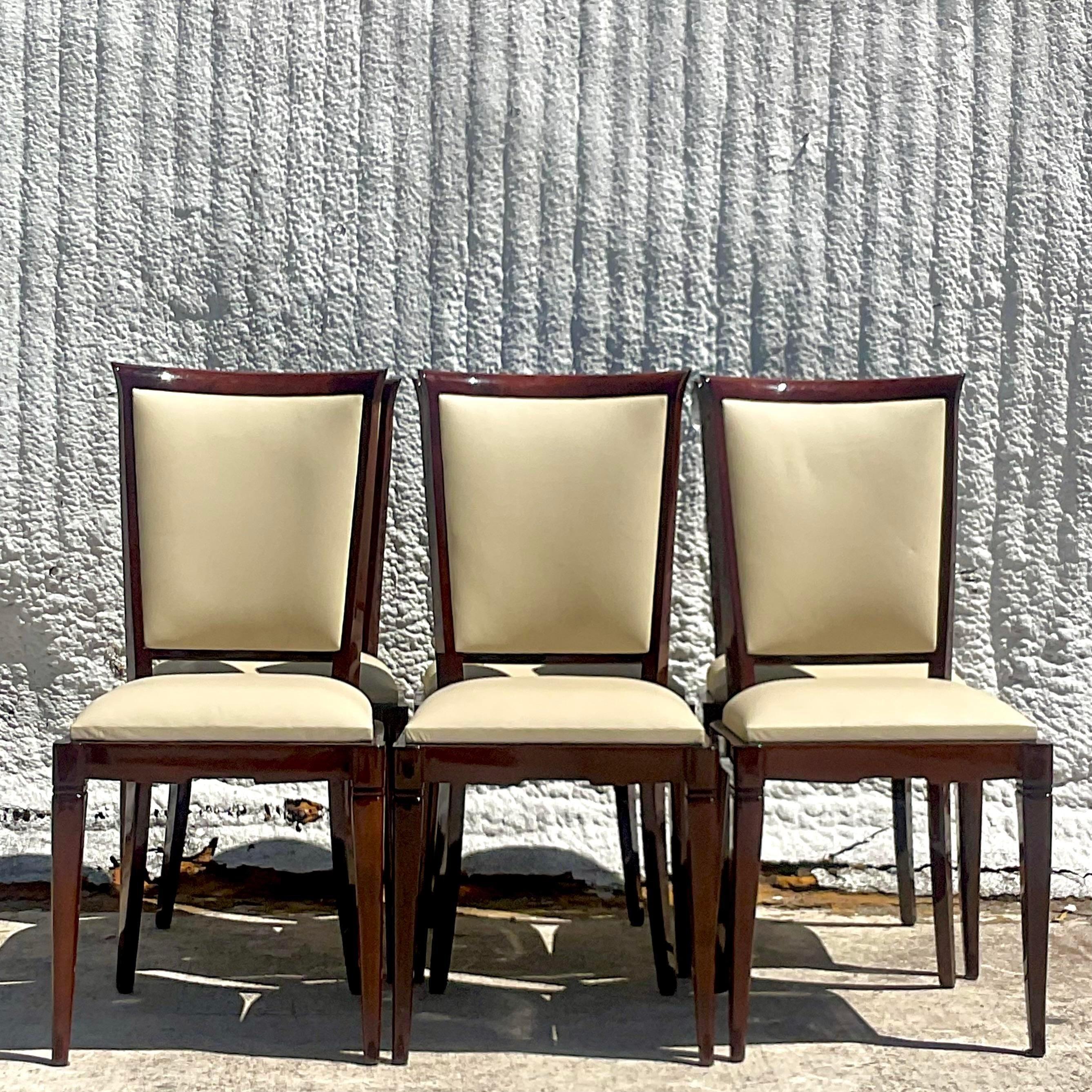 Vintage Art Deco Lacquered Burl Wood and Leather Dining Chairs, Set of 6 1