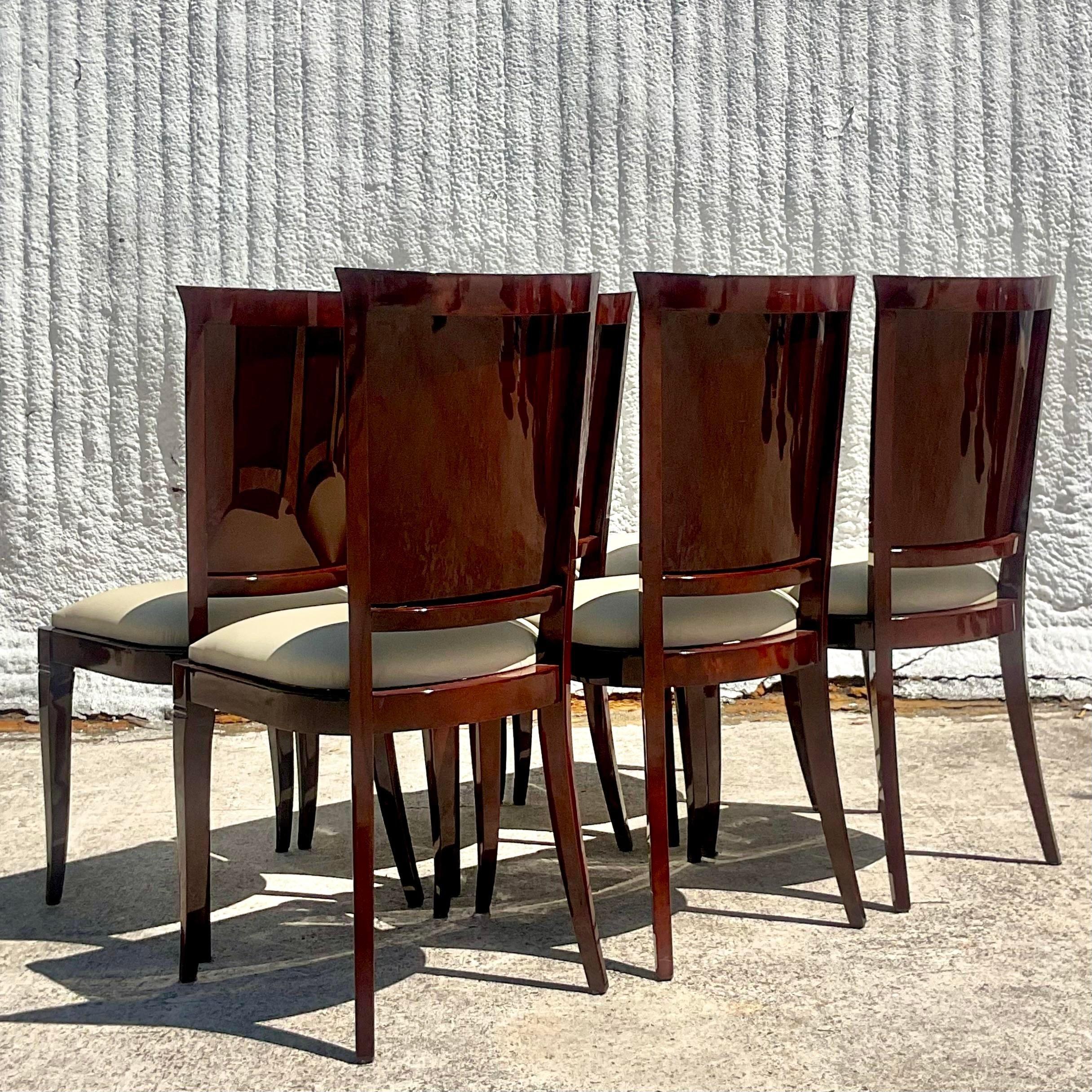 Vintage Art Deco Lacquered Burl Wood and Leather Dining Chairs, Set of 6 2