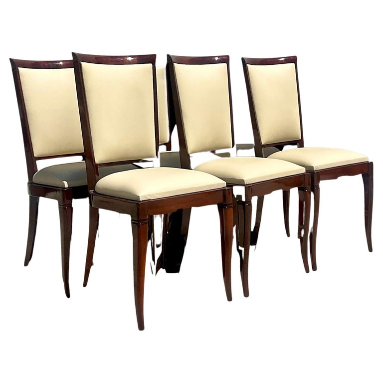 Vintage Art Deco Lacquered Burl Wood and Leather Dining Chairs. Set