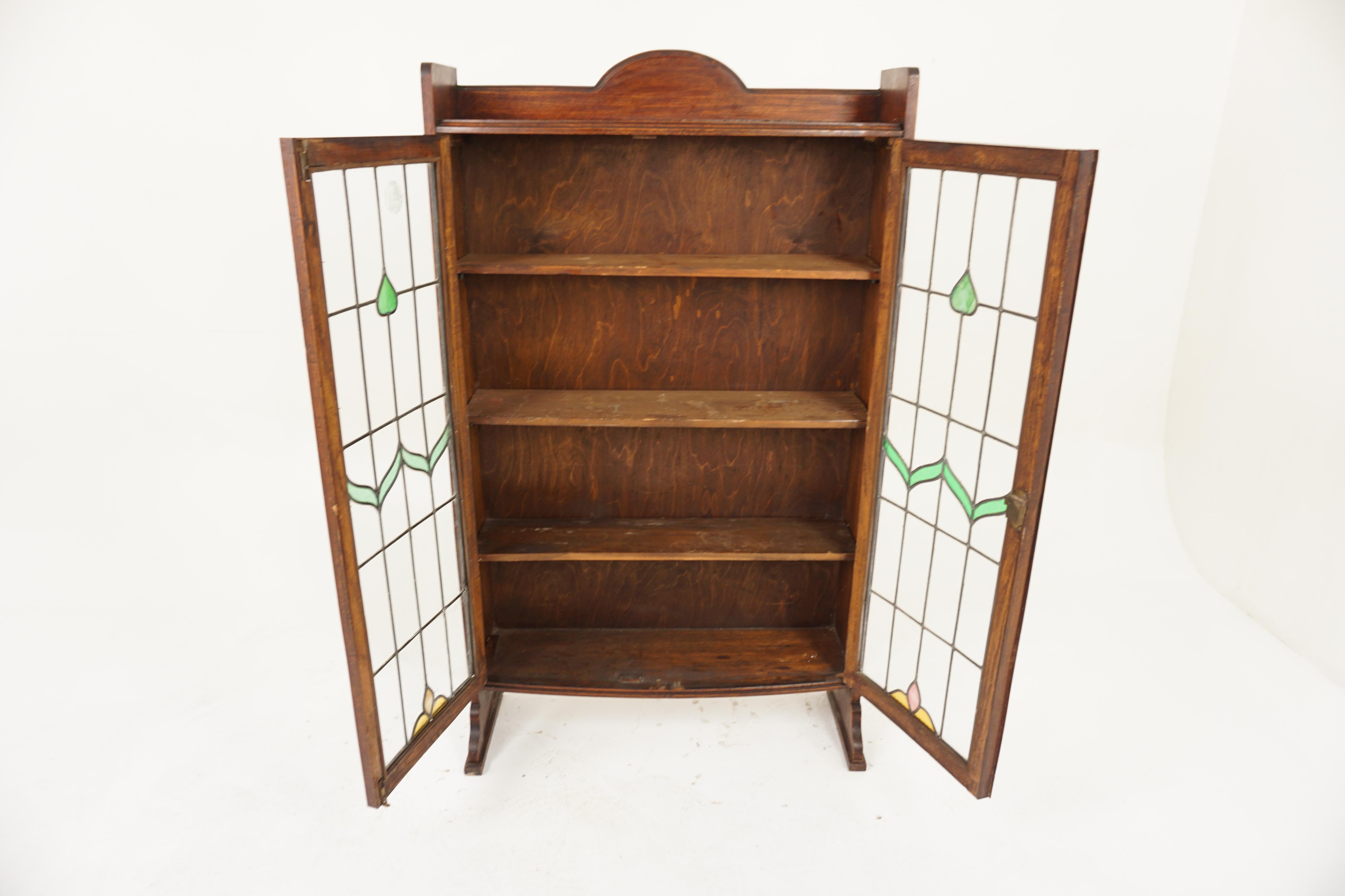 Oak Vintage Art Deco Leaded Stained Glass Bookcase, Display, Scotland 1920, H1105
