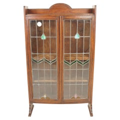 Antique Art Deco Leaded Stained Glass Bookcase, Display, Scotland 1920, H1105