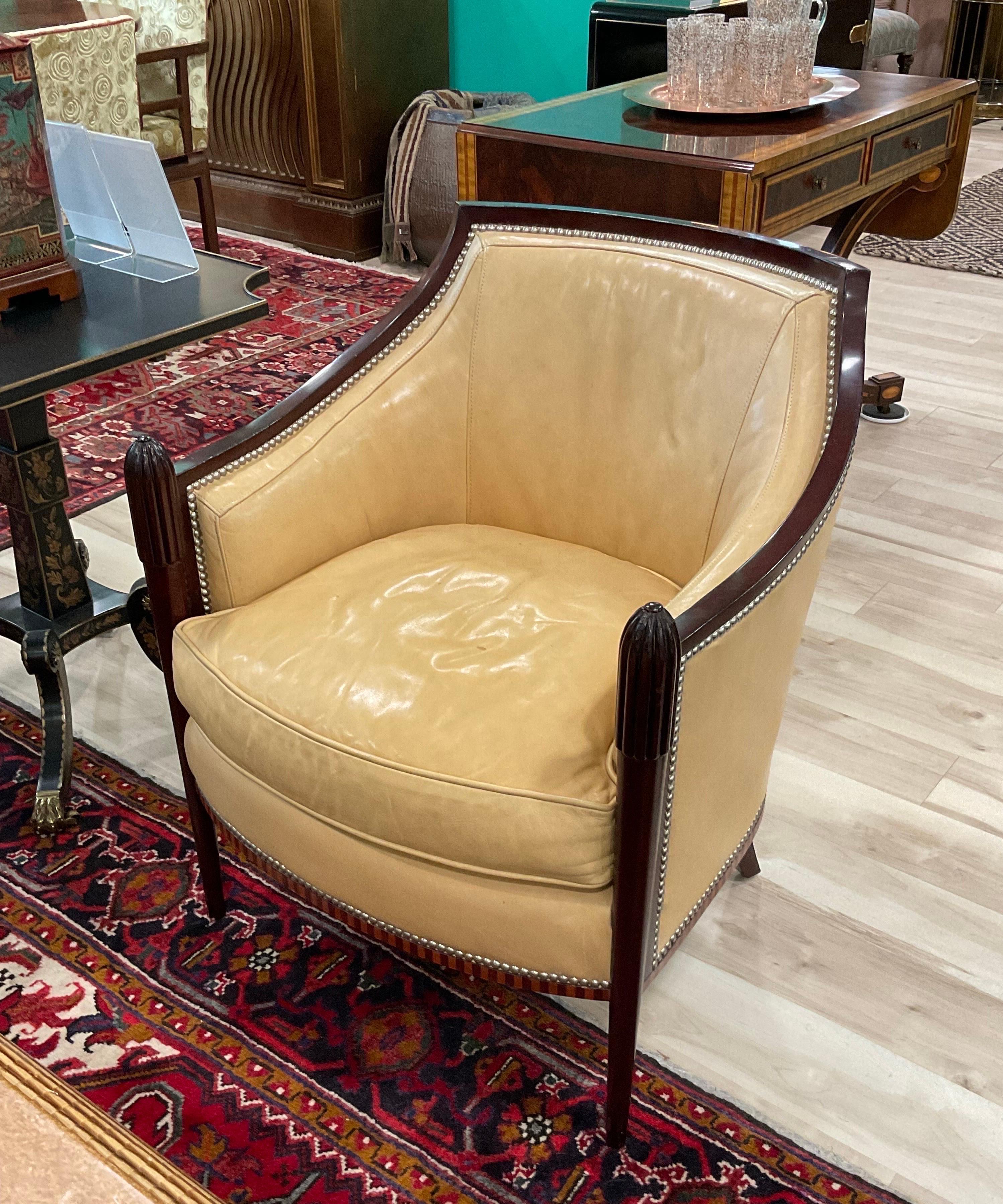 Beautiful little vintage Art Deco leather club chair by Barbara Barry for Baker Furniture. 

Condition Disclosure:
Please understand nearly all of our inventory is comprised of rare to very rare vintage pieces. They are not new and may have some