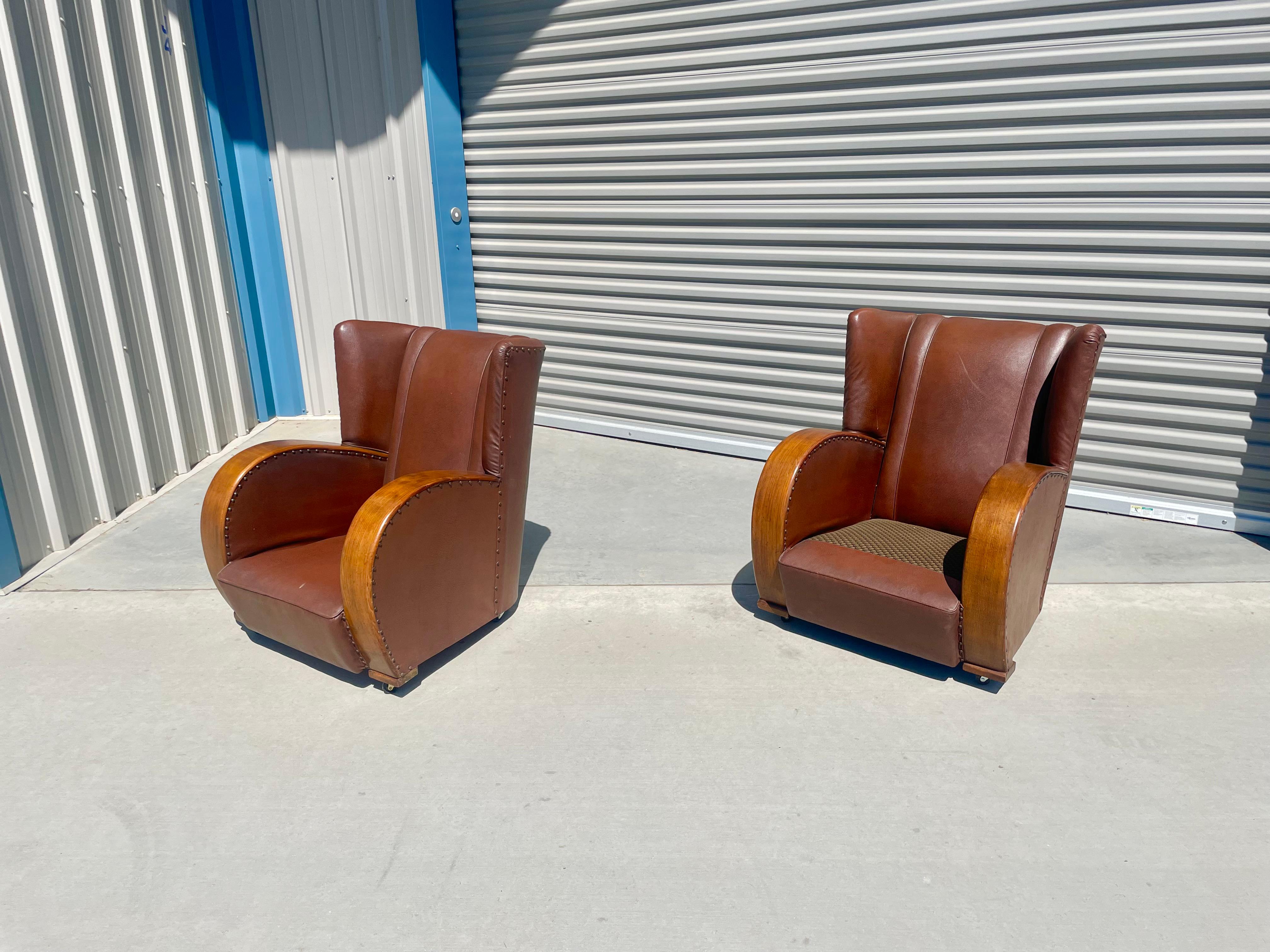 Mid-Century Modern Vintage Art Deco Leather Lounge Chairs For Sale