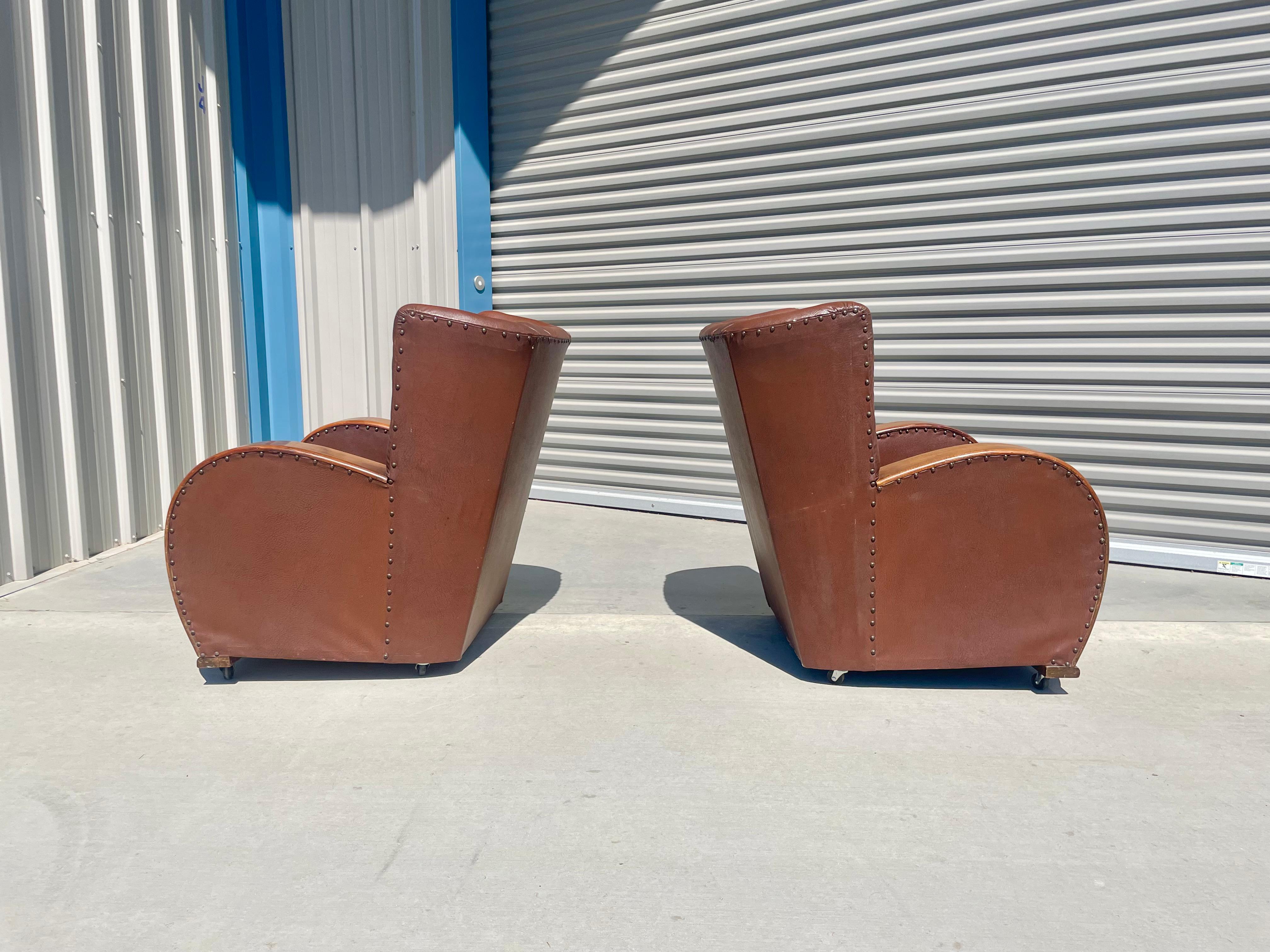 Vintage Art Deco Leather Lounge Chairs In Fair Condition For Sale In North Hollywood, CA