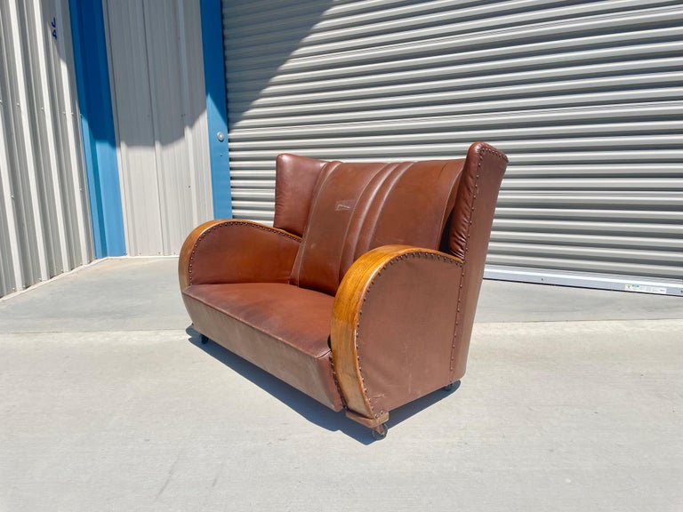 Vintage Art Deco Leather Loveseat For Sale at 1stDibs