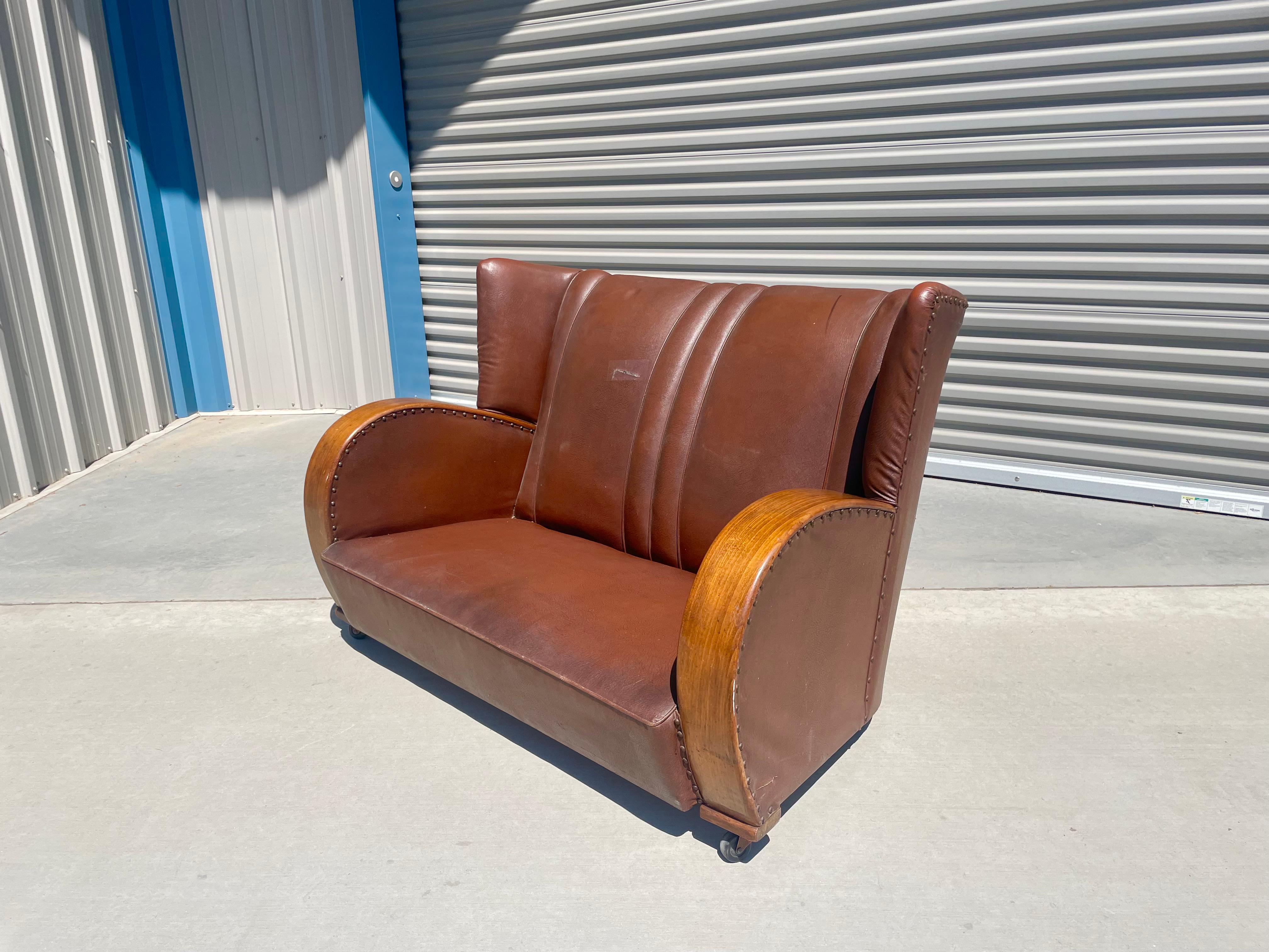Mid-Century Modern Vintage Art Deco Leather Loveseat For Sale