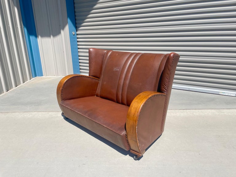 Vintage Art Deco Leather Loveseat For Sale at 1stDibs