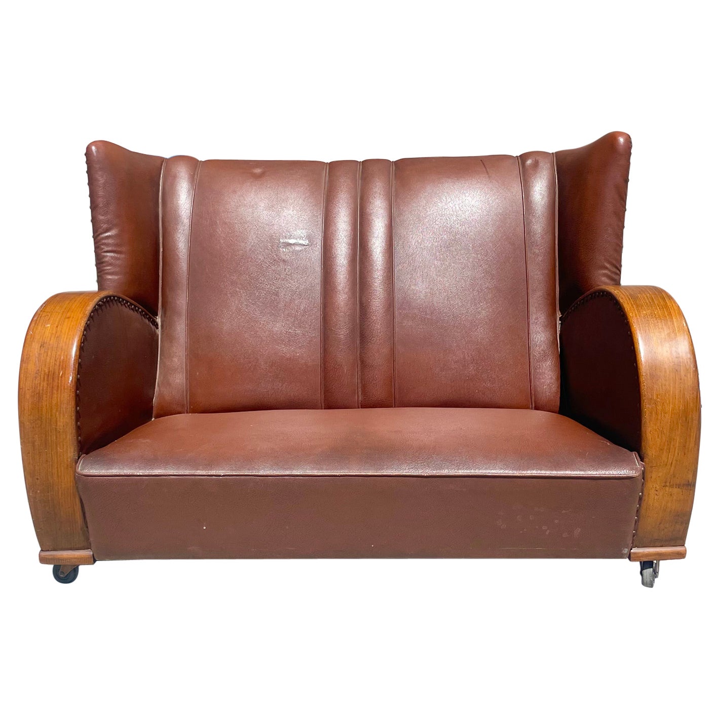 Loveseat en cuir Art Déco vintage