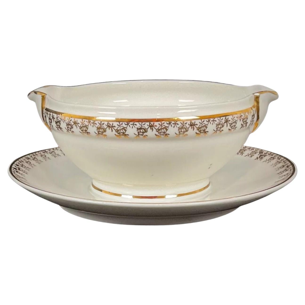Vintage Art Deco Limoges Porcelain Sauce Boat with Gold Trim by D.R.B - 2Y447