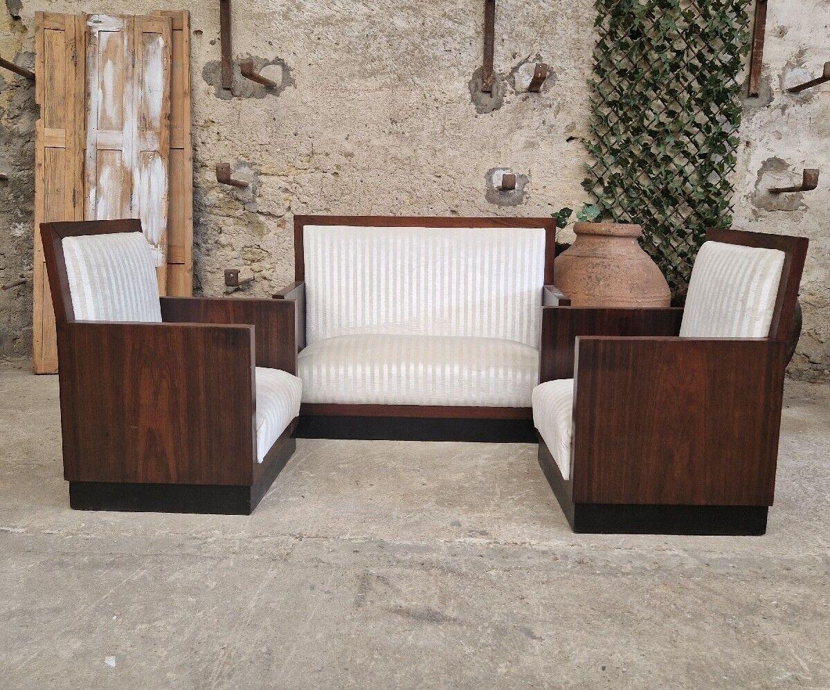 This listing is for a Fabulous French Art Deco Sofa Set

Including a Pair of Modular Walnut Cube Armchairs

Modular Walnut Sofa

Off White/ Cream Chenille Upholstery with a Suttle Stripe

This set has just been reupholstered and refurbished by an