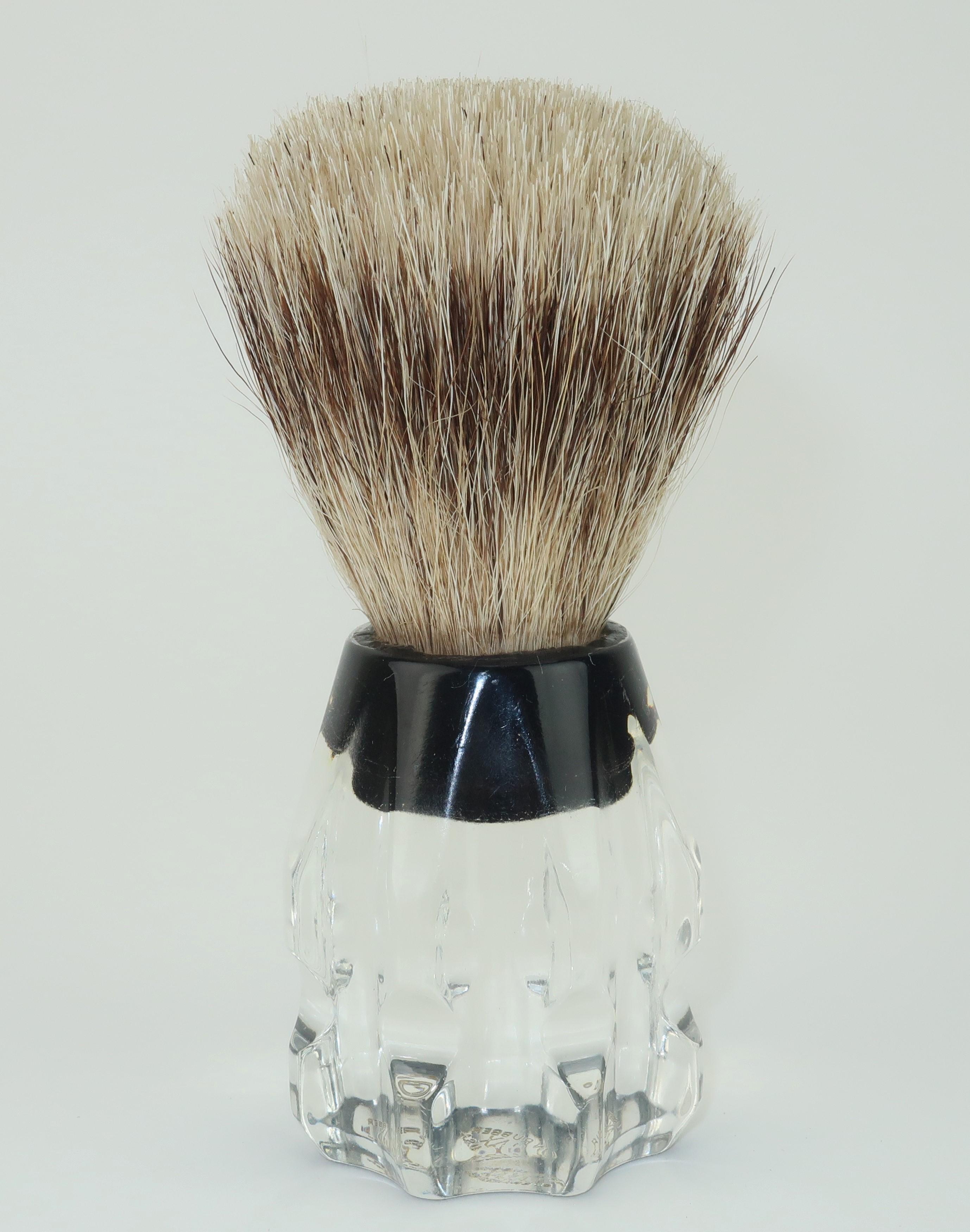 Get an old school shave with a vintage clear and black lucite handled men's shaving brush made with badger hair by Sanax.  Sturdy with a faceted grip for easy use.
CONDITION
Good vintage condition with some signs of use to the lucite handle though