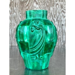 Vintage Art Deco Malachite Glass “Ingrid” Vase After Artur Pleva