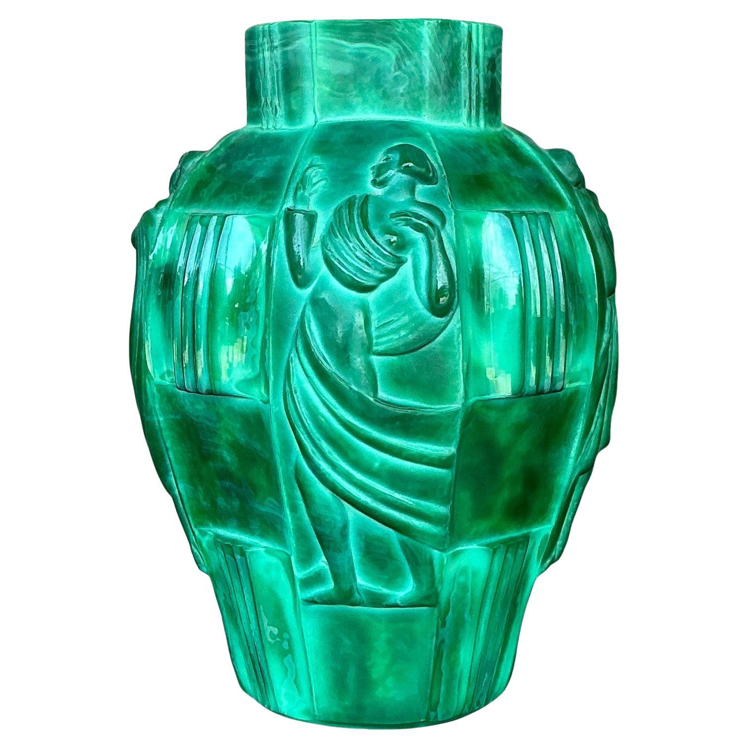 Vintage Art Deco Malachite Glass “Ingrid” Vase After Artur Pleva