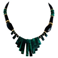 Vintage Art Deco Malachite Onyx Necklace Green Malachite Black Onyx Chalcedony 