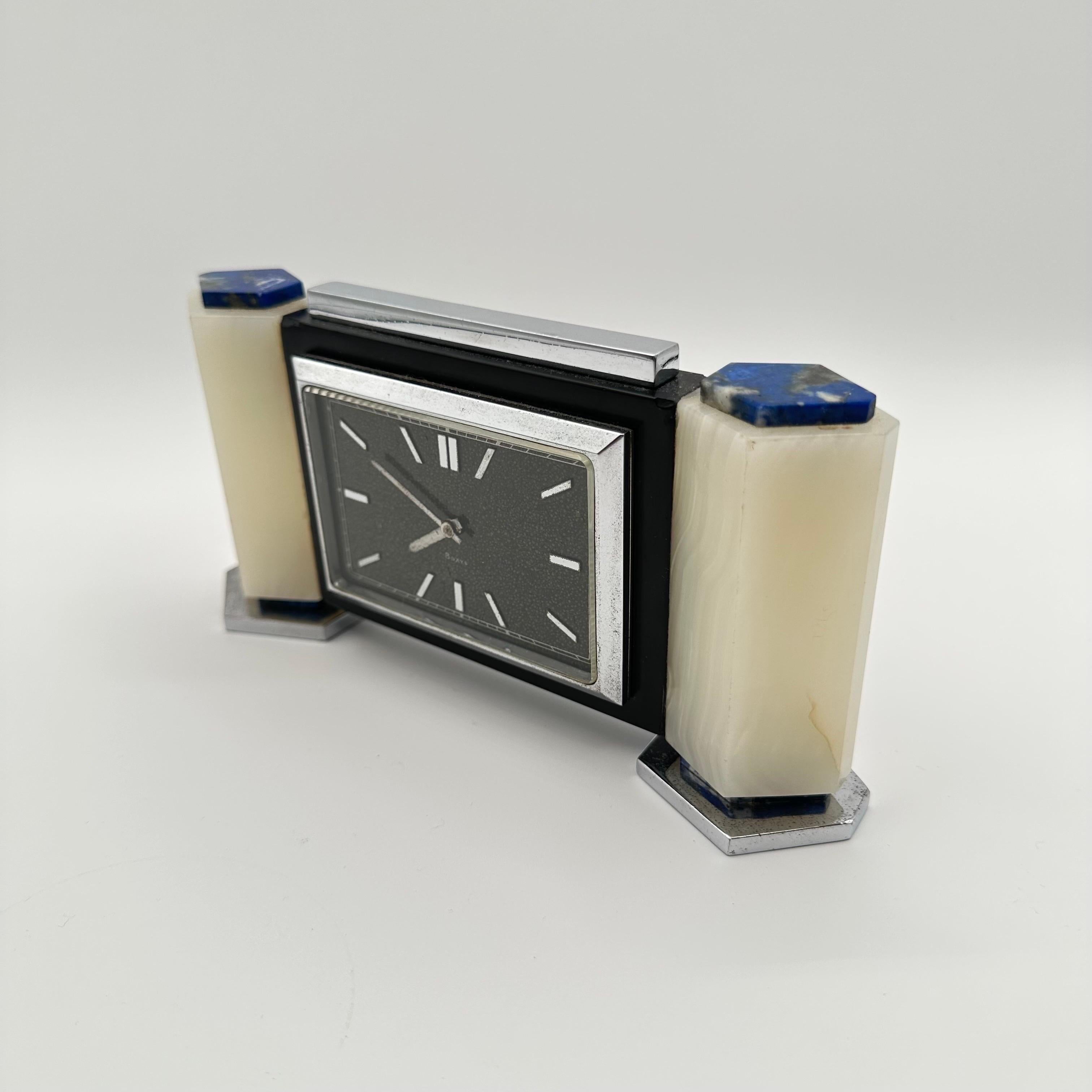 Orologio da tavolo d'epoca Art Deco con lapislazzuli, onice bianco e cromo, inglese in vendita 3