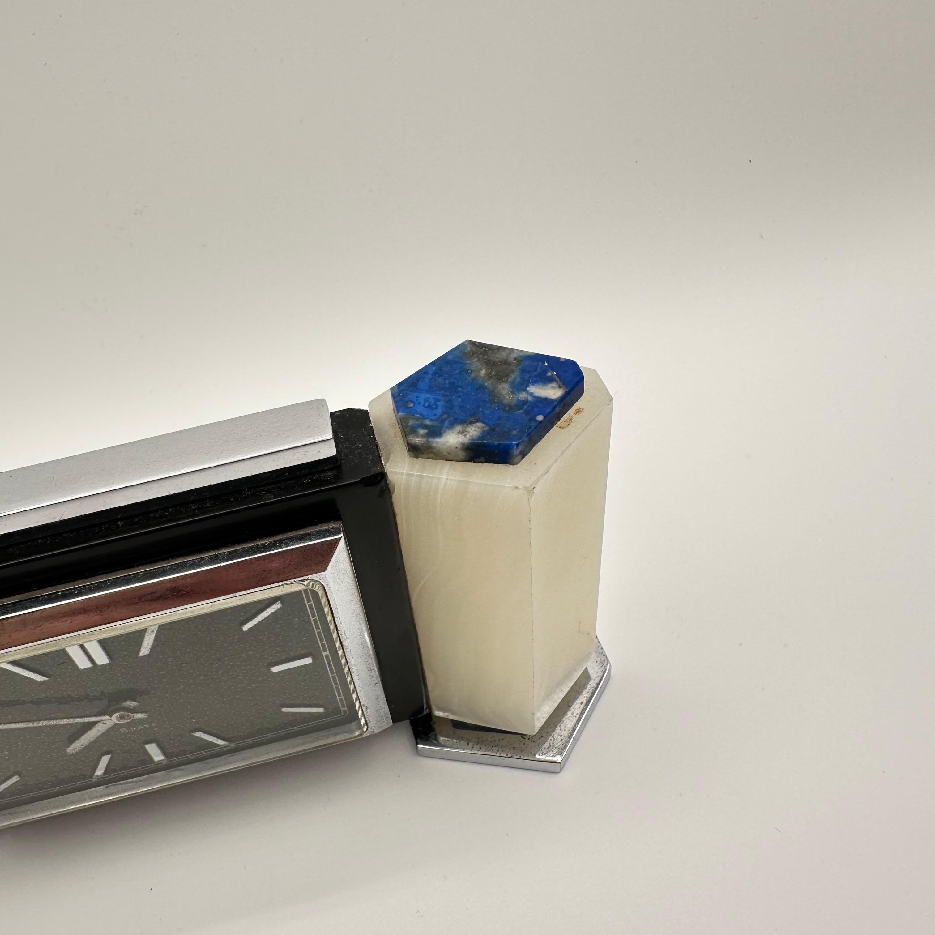 Britannico Orologio da tavolo d'epoca Art Deco con lapislazzuli, onice bianco e cromo, inglese in vendita