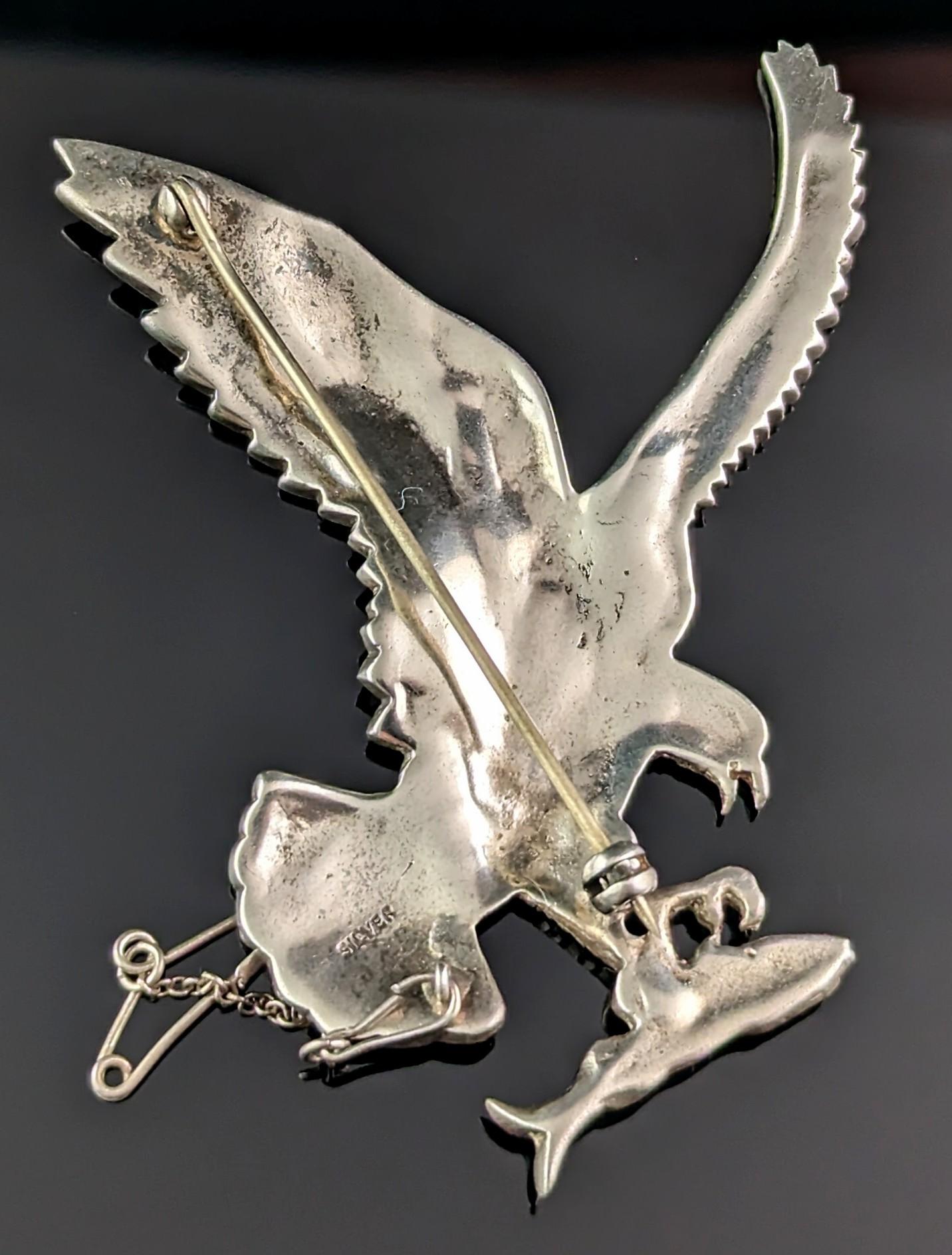 Women's or Men's Vintage Art Deco Marcasite Eagle Brooch, Sterling Silver