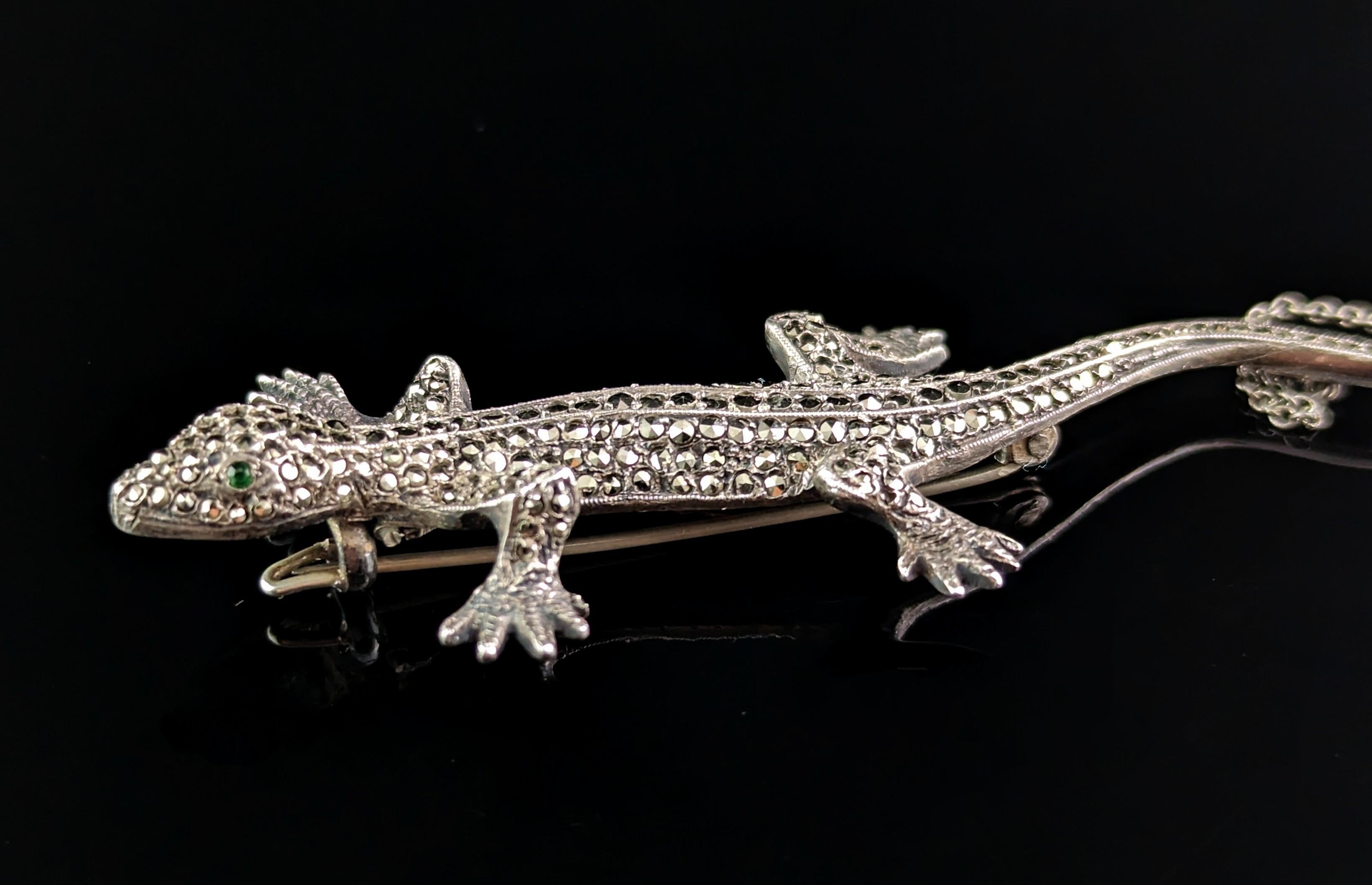 Vintage Art Deco Marcasite Lizard Brooch, 800 Silver In Good Condition In NEWARK, GB